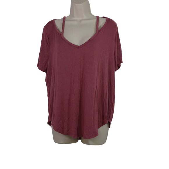 Lot of 2 Charlotte Russe V-Neck Jersey Knit Tops Women Size L Red Mauve Strappy - Picture 4 of 10